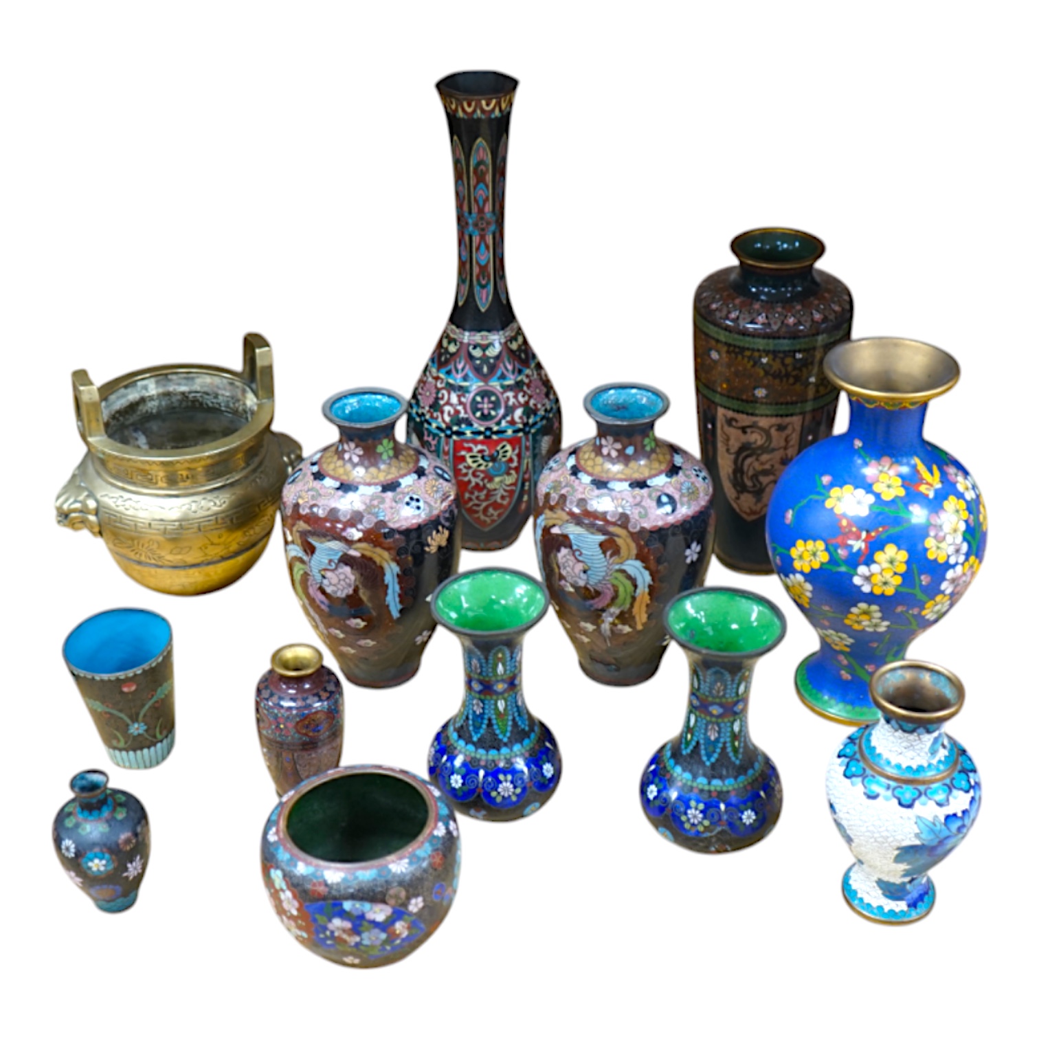 A large collection of Chinese and Japanese cloisonné vases and a brass twin handled censer, largest 31cm high. Condition - mostly poor to fair